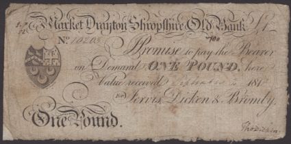 Market Drayton Shropshire Old Bank, for Jervis, Dicken & Bromby, Â£1, 2 September 1818, seria...