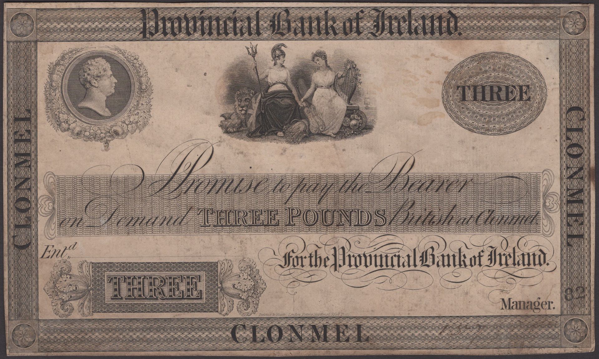 Provincial Bank of Ireland, proof Â£3, Clonmel, ND (1826-1837), no serial numbers or signatur...