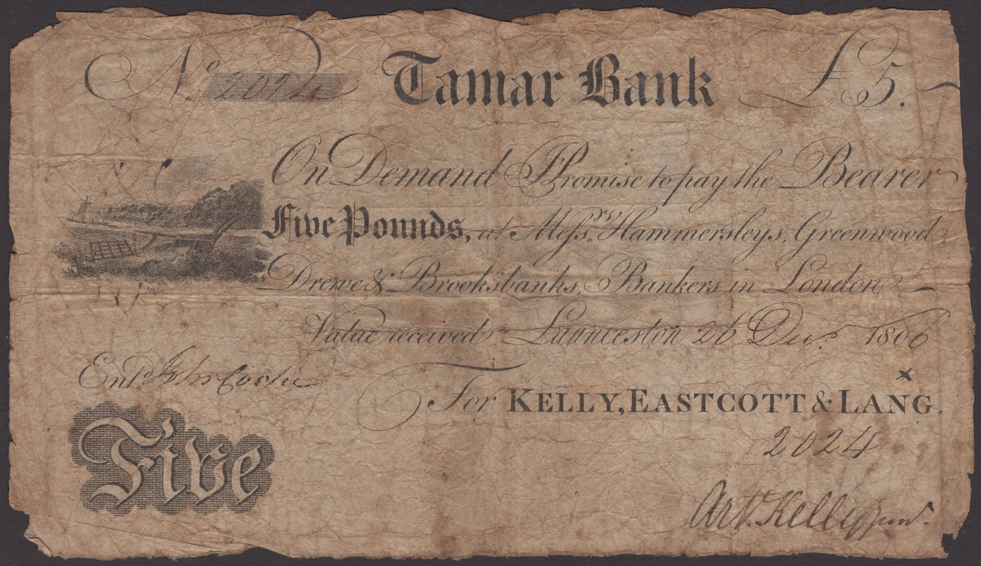 Tamar Bank, for Kelly, Eastcott & Lang, Â£5, Launceston, 26 December 1806, serial number 2024...