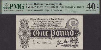 Treasury Series, John Bradbury, Â£1, 7 August 1914, seven-digit serial number B/38 0003320, i...