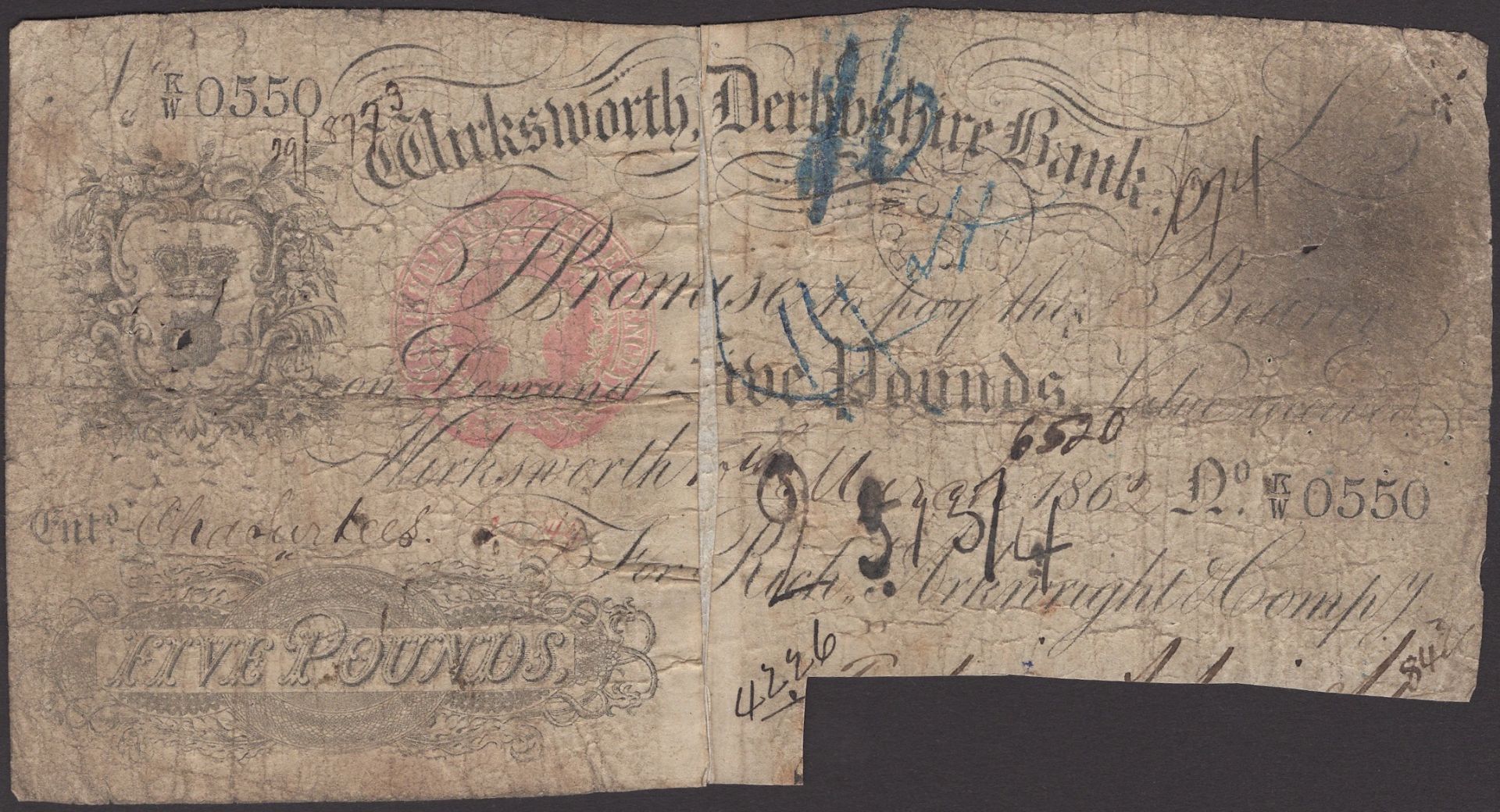 Wirksworth, Derbyshire Bank, for Richd Arkwright & Compy, Â£5, 10 March 1862, serial number K...