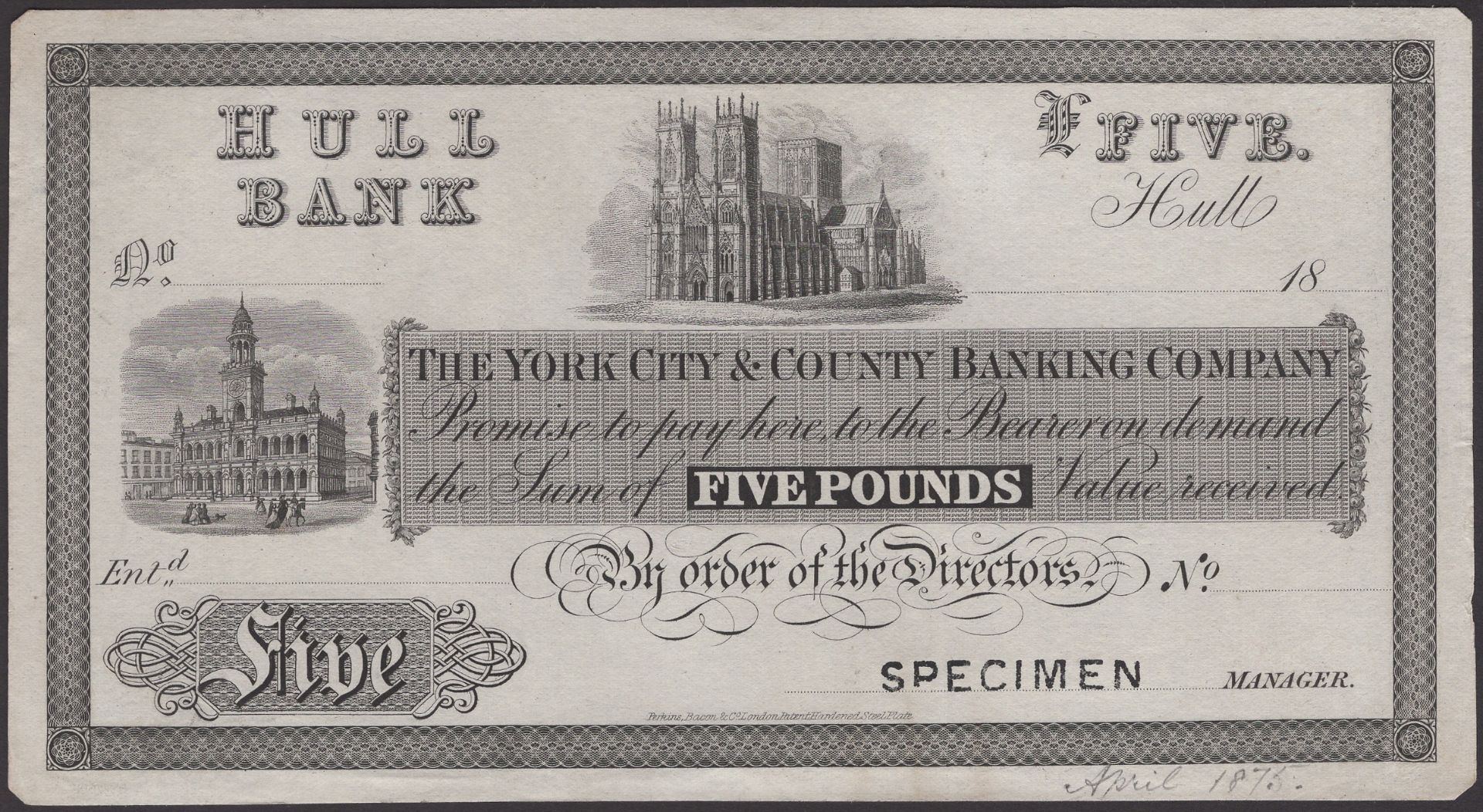 York City & County Banking Company Limited, Hull Bank, proof on paper for Â£5, 18-, no serial...