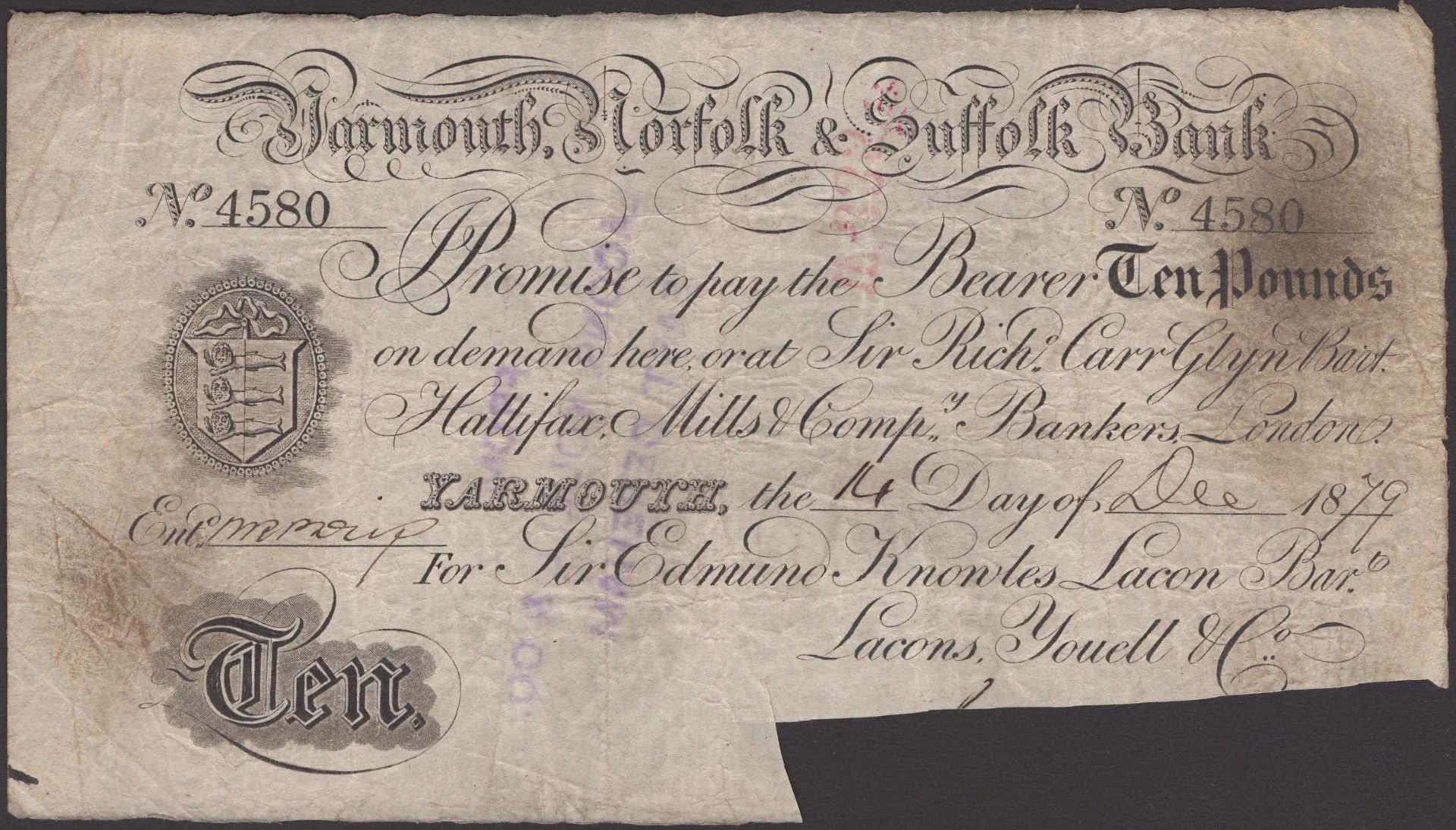 Yarmouth, Norfolk & Suffolk Bank, for Sir Edmund Knowles Lacon Bart Lacons, Youell & Co., Â£1...