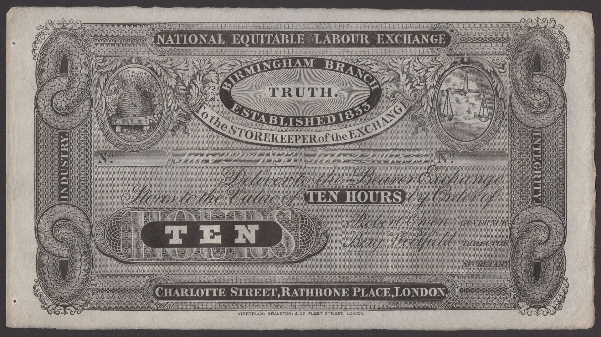 National Equitable Labour Exchange, unissued 10 Hours, 22 July 1833, no serial number or sig...