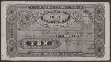 National Equitable Labour Exchange, unissued 10 Hours, 22 July 1833, no serial number or sig...