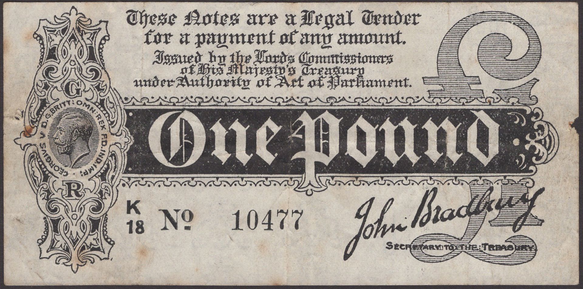 Treasury Series, John Bradbury, Â£1, 7 August 1914, serial number K/18 10477, a few spots and...