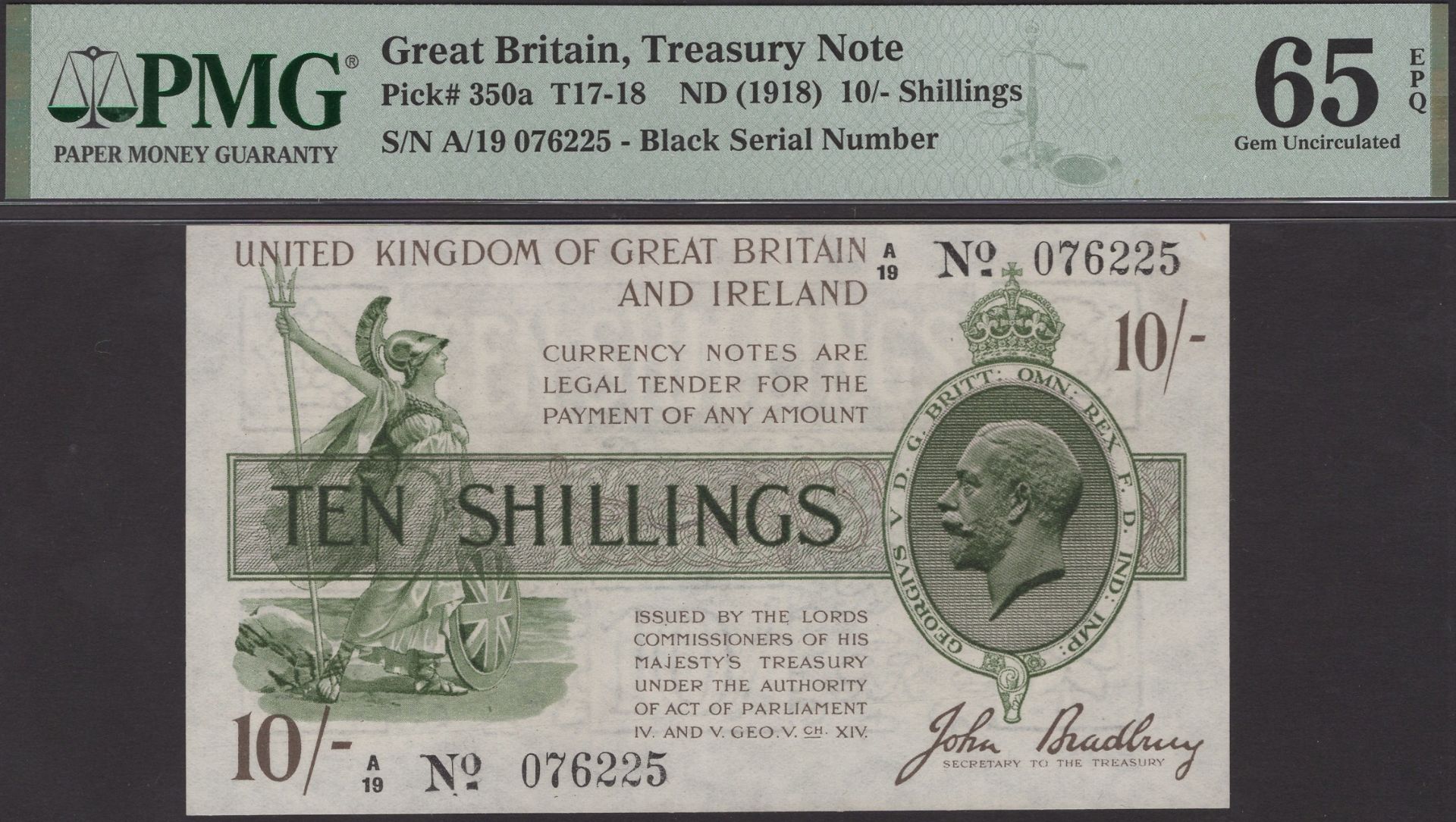 Treasury Series, John Bradbury, 10 Shillings, 22 October 1918, serial number A/19 076225 (da...