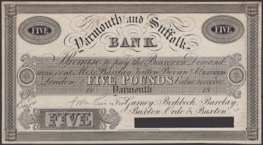 Yarmouth & Suffolk Bank, for Gurney, Birkbeck, Barclay, Buxton, Orde & Buxton, proof Â£5, 18-...