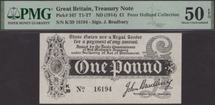 Treasury Series, John Bradbury, Â£1, 7 August 1914, serial number K/39 16194 (dash), in PMG h...