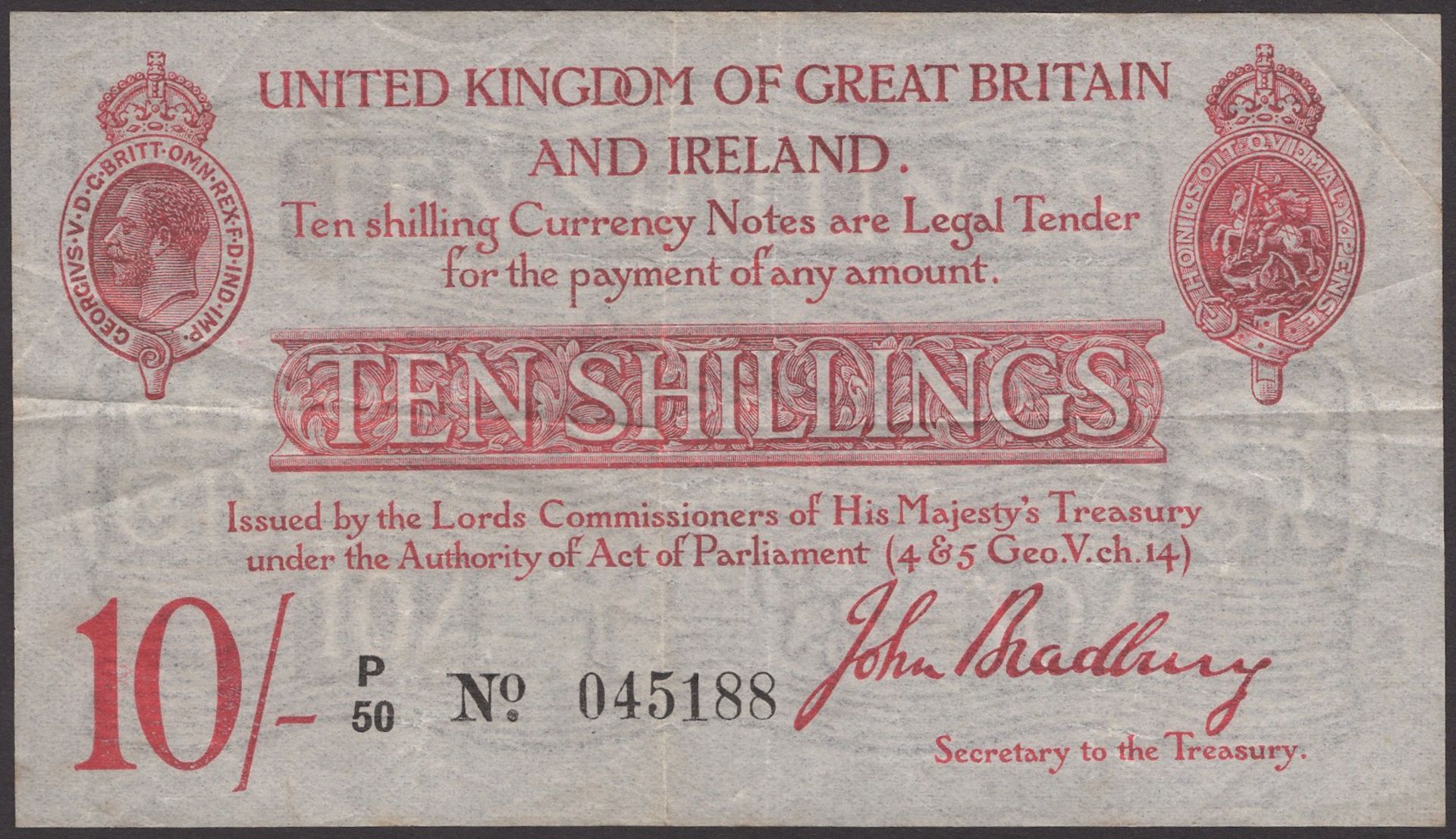 Treasury Series, John Bradbury, 10 Shillings, 21 January 1915, serial number P/50 045188, an...