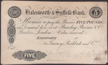 Halesworth & Suffolk Bank, for Gurneys, Birkbeck & Co, black and white die proof on card Â£5,...