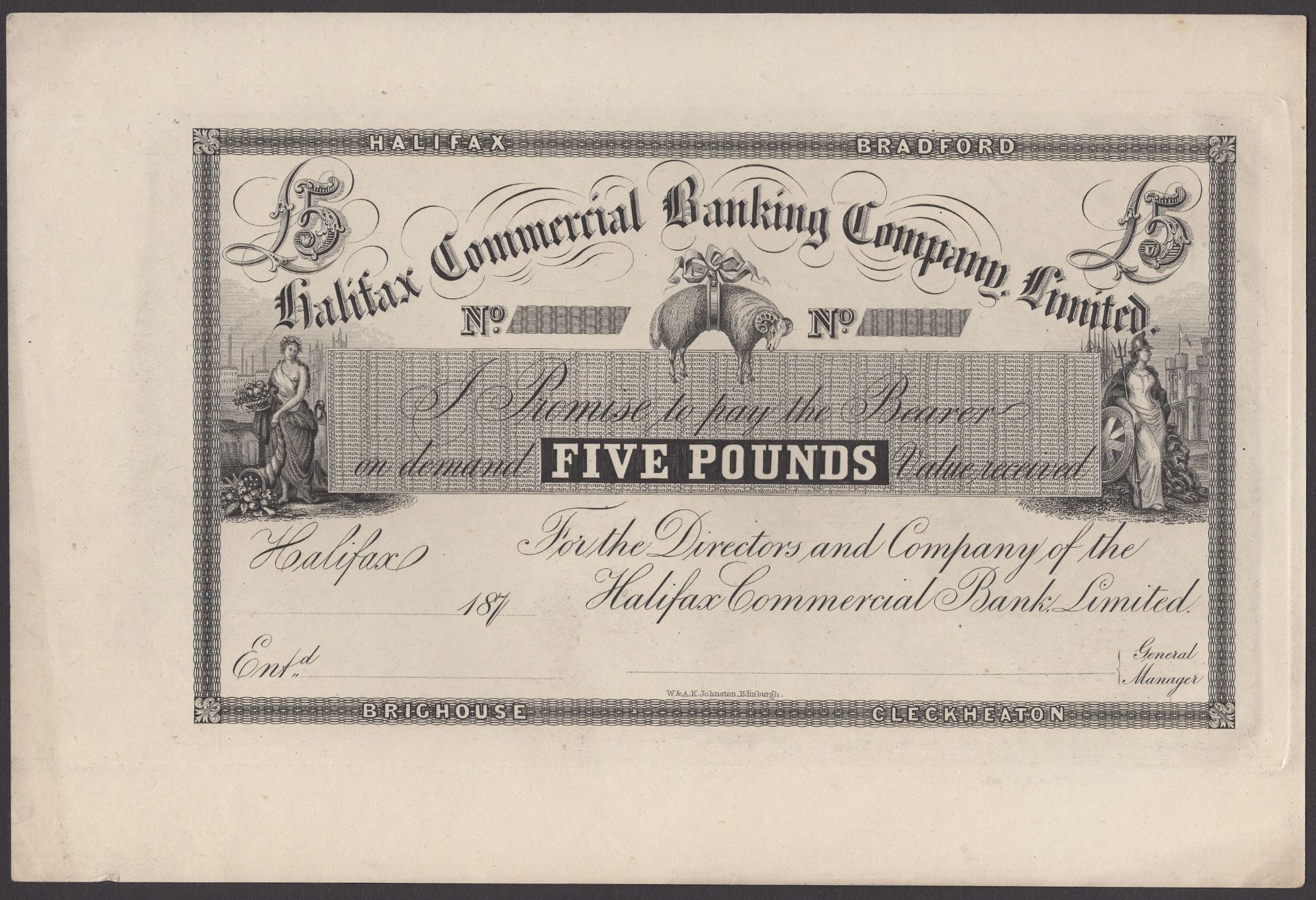 Halifax Commercial Banking Company Limited, proof Â£5, ND (ca 1880), black and white, suspend...