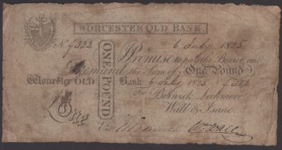 Worcester Old Bank, for Berwick, Lechmere, Wall & Isaac, Â£1, 6 July 1825, serial number J322...
