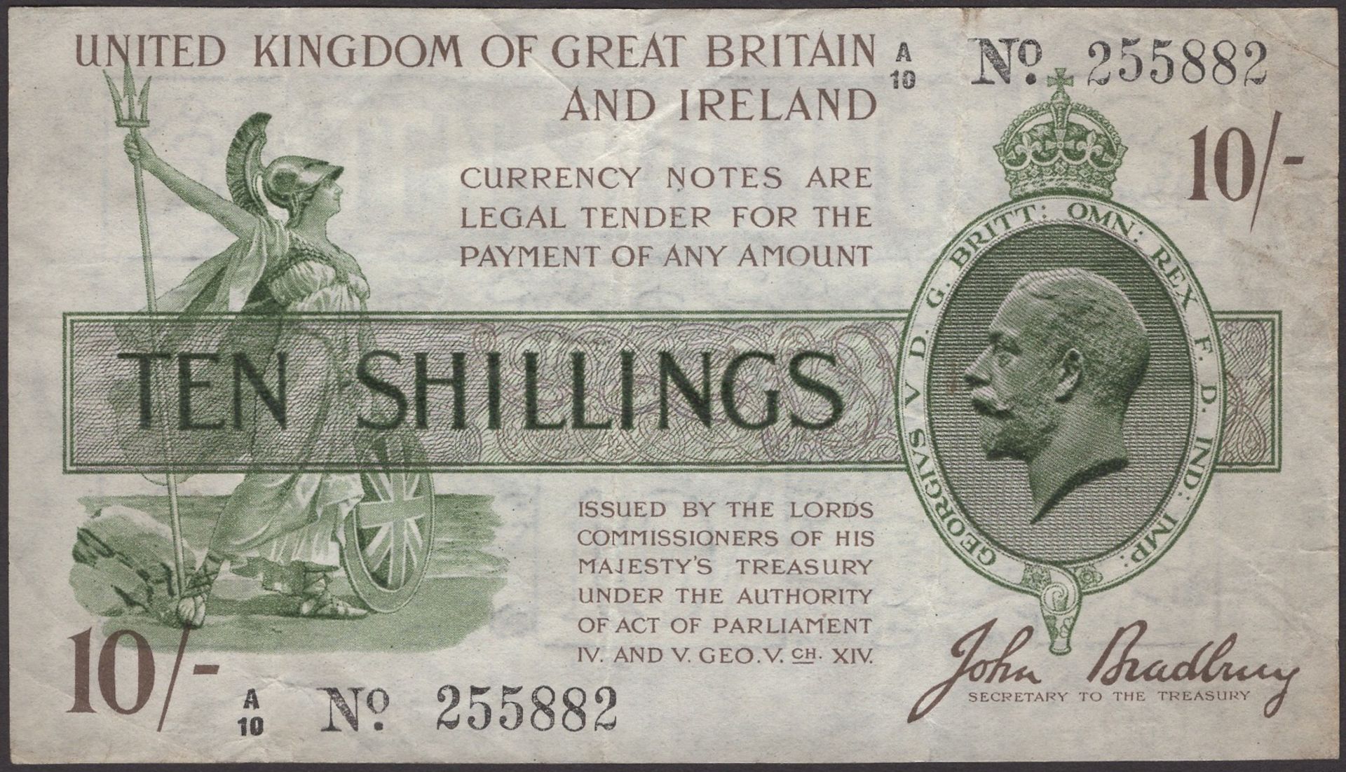 Treasury Series, John Bradbury, 10 Shillings, 22 October 1918, serial number A/10 255882 (do...