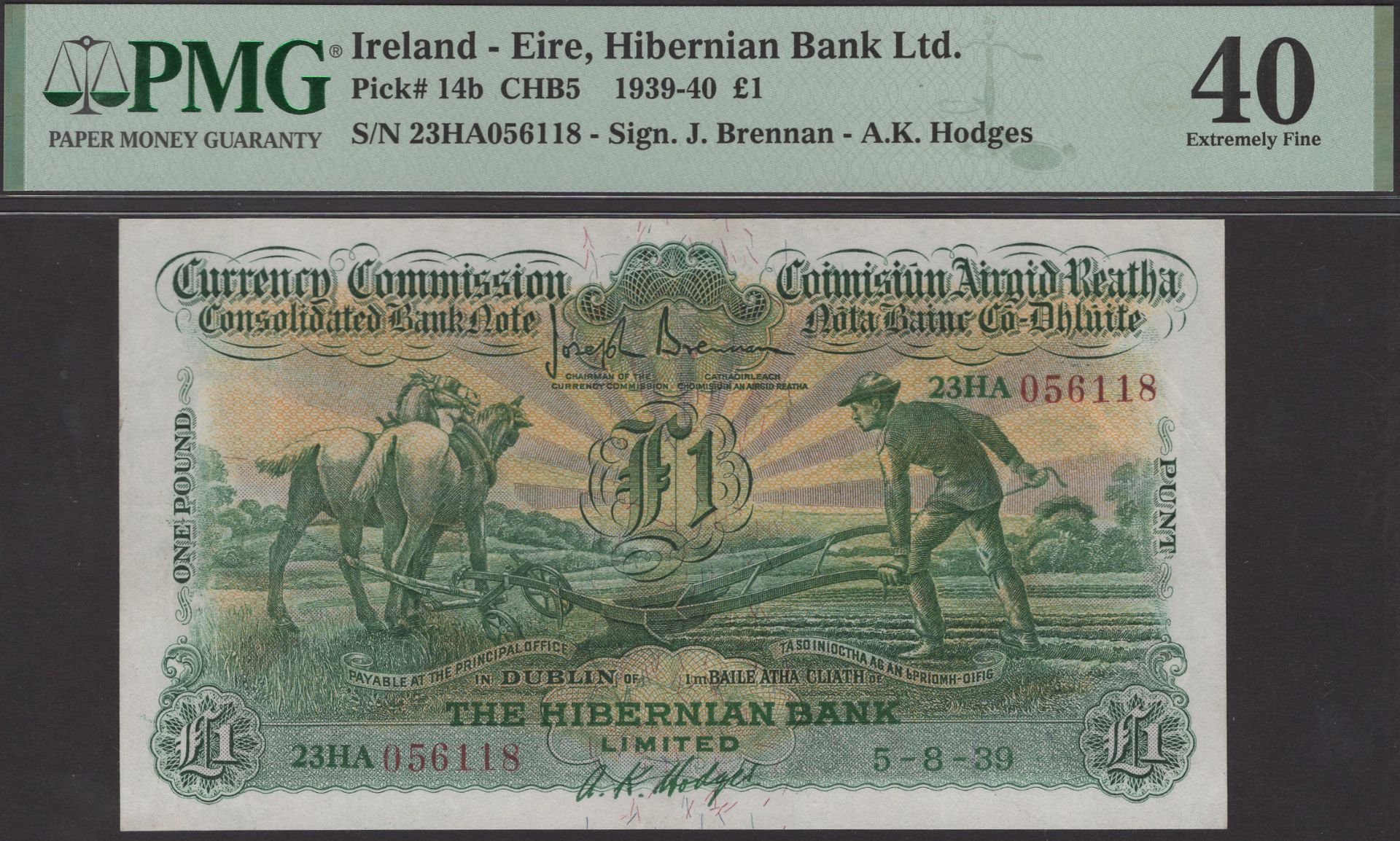 Currency Commission, Hibernian Bank, Â£1, 5 August 1939, mulberry serial number 23HA 056118,...