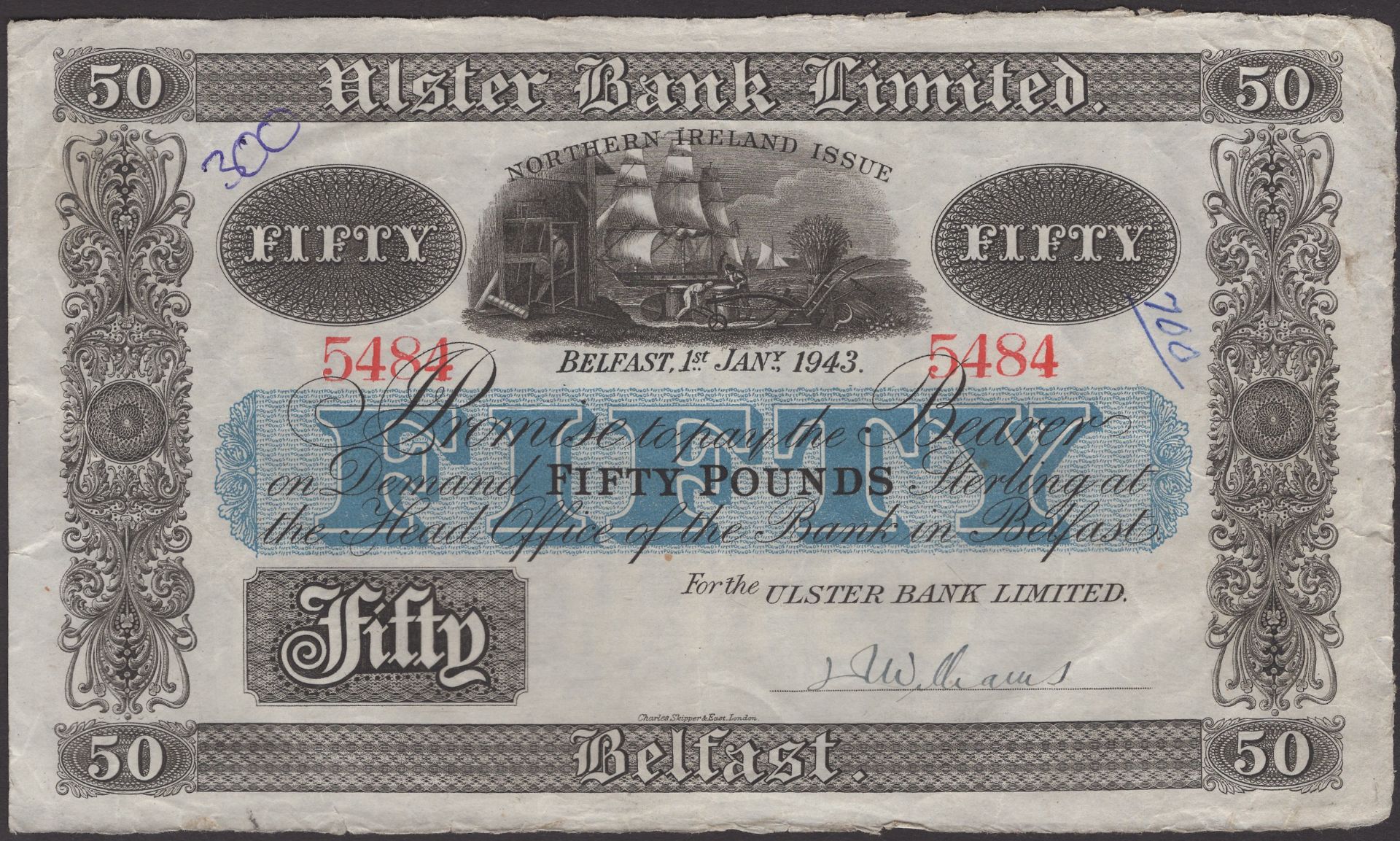Ulster Bank Limited, Â£50, 1 January 1943, serial number 5484, manuscript Williams signature,...