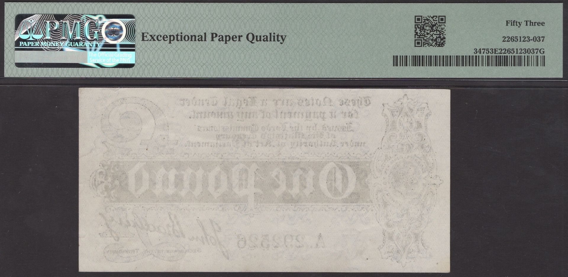 Treasury Series, John Bradbury, Â£1, 7 August 1914, serial number A.292526, in PMG holder 53... - Image 2 of 2