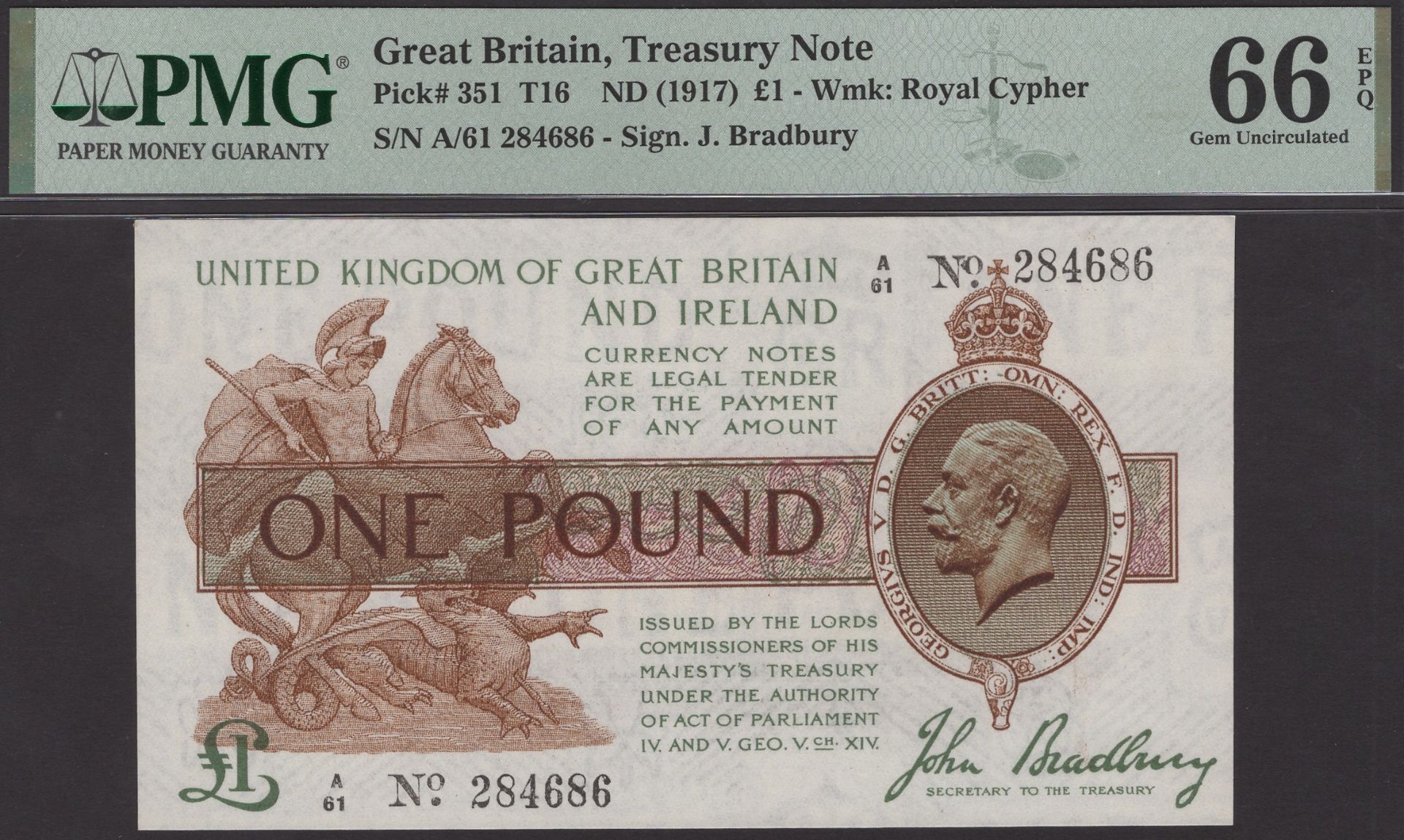 Treasury Series, John Bradbury, Â£1, 22 January 1917, serial number A/61 284686, in PMG holde...