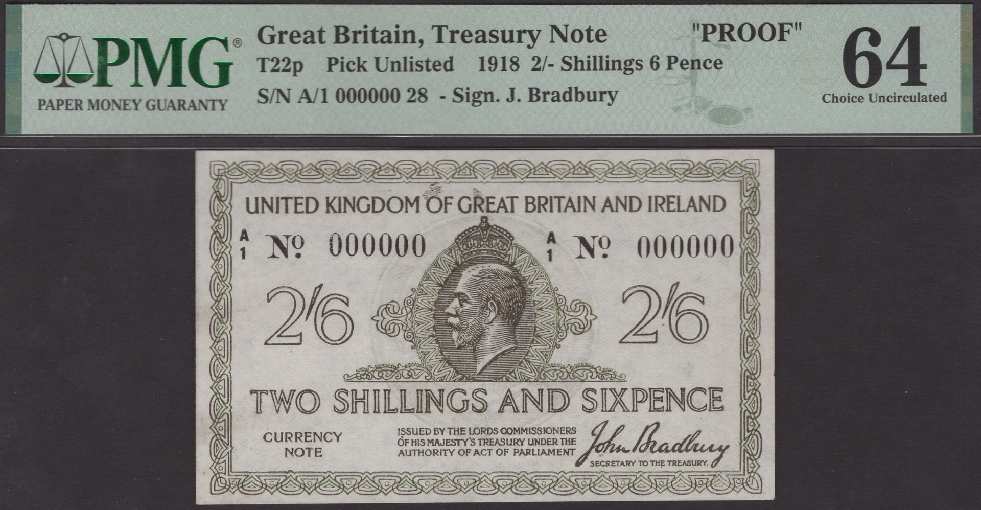 Treasury Series, John Bradbury, specimen/trial Two Shillings and Sixpence, November 1918, se...