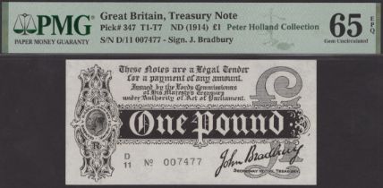 Treasury Series, John Bradbury, Â£1, 7 August 1914, serial number D/11 007477, the 3mm variet...