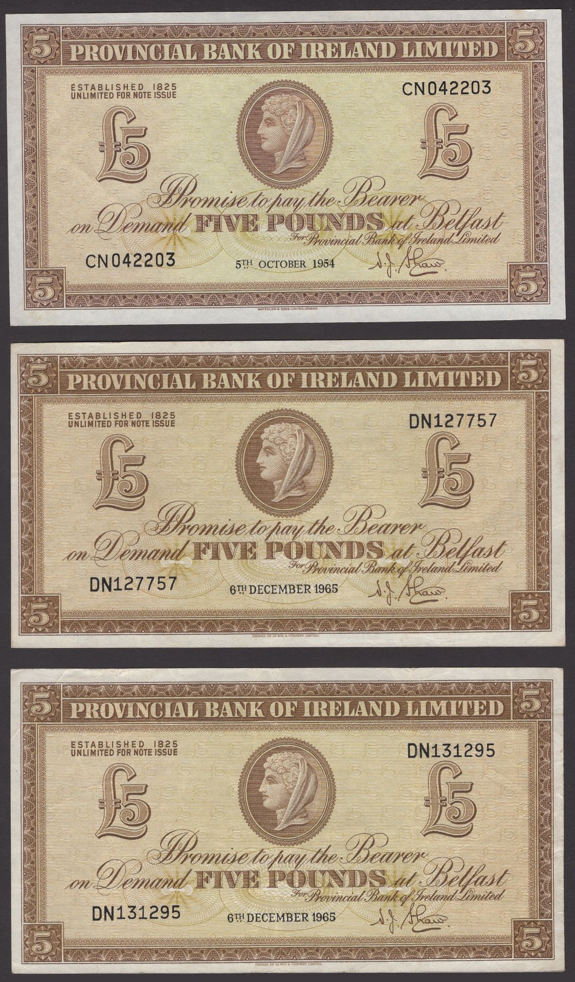Provincial Bank of Ireland Ltd, Â£5 (3), 5 October 1954, serial number CN042203, and 6 Decemb...