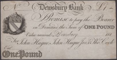 Dewsbury Bank, for John Hague, John Hague Junr & Thomas Cook, proof Â£1, 181-, no serial numb...