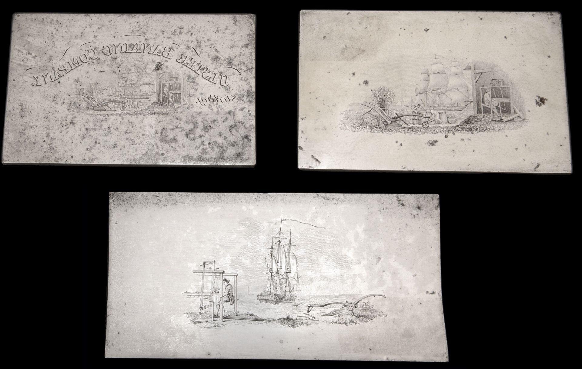 Ulster Banking Company, printing plates for elements of the 1836 issue, mainly featuring shi...