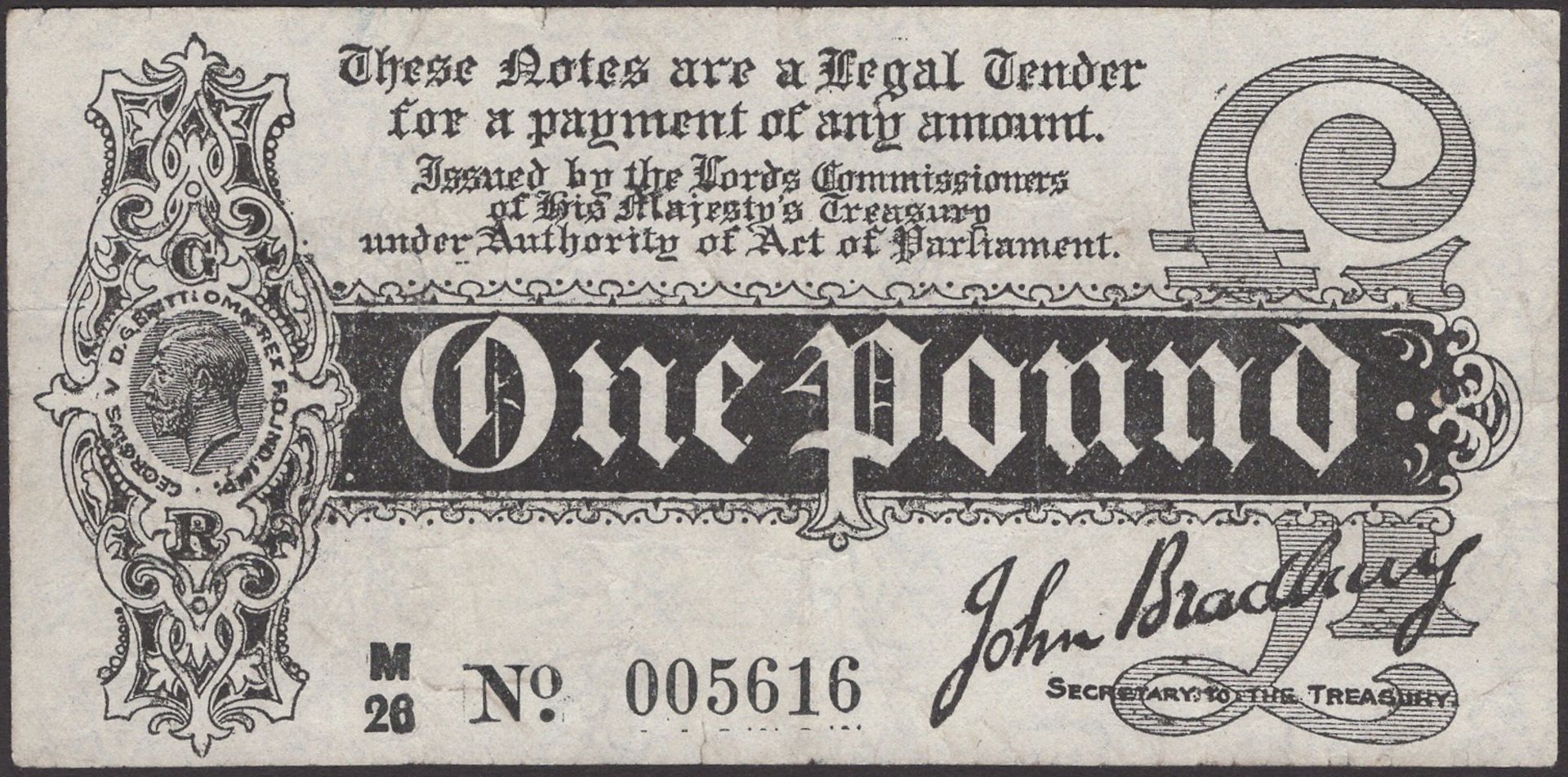 Treasury Series, John Bradbury, Â£1, 7 August 1914, serial number M/26 005616, a few margin t...