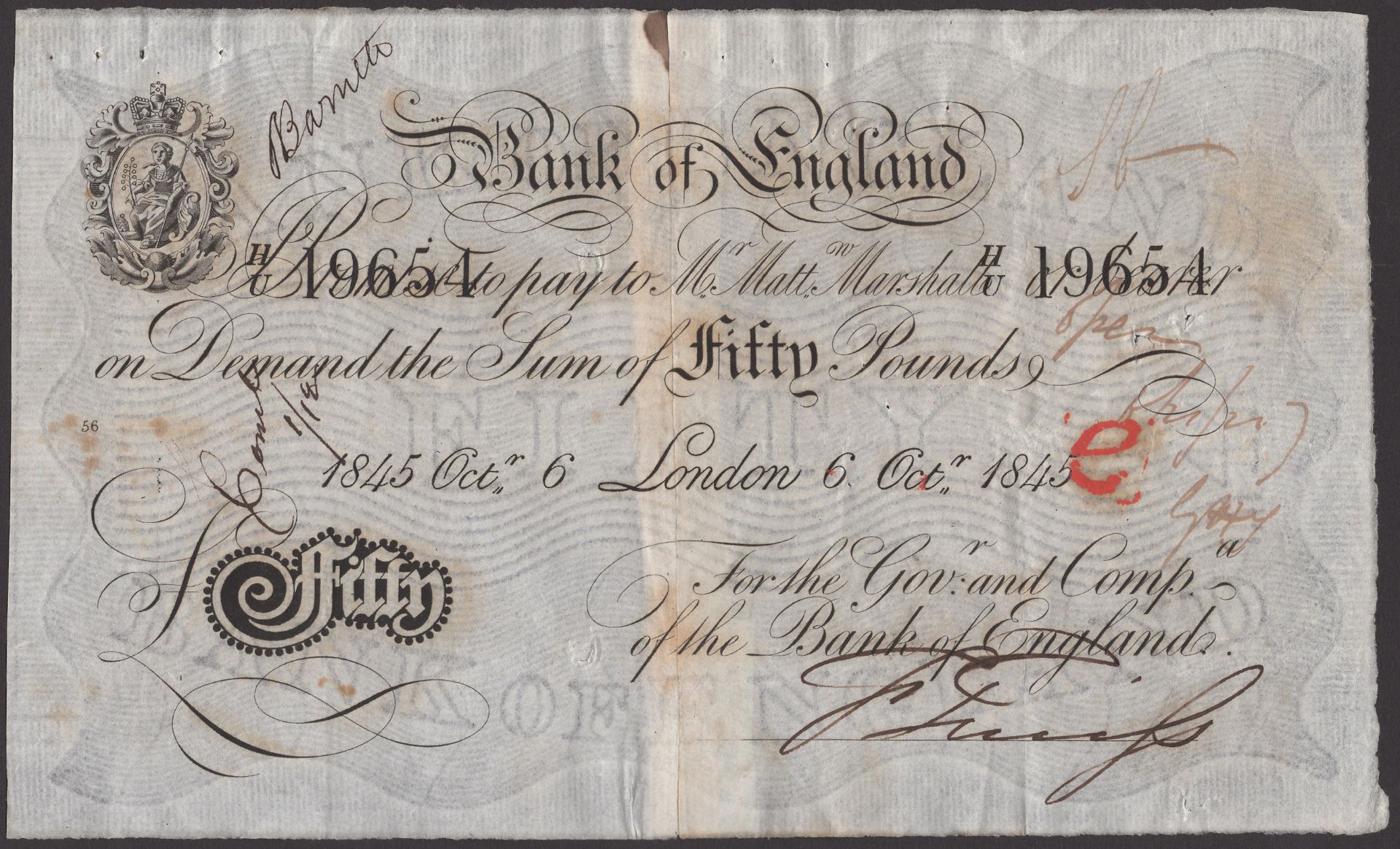 Bank of England, Matthew Marshall, Â£50, 6 October 1845, serial number H/U 19654, variety wit...