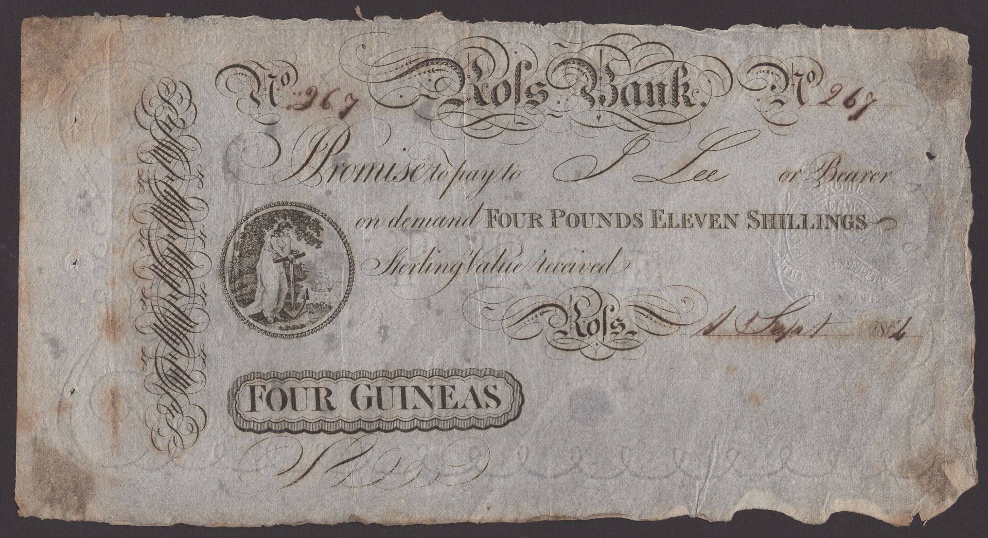 Ross Bank, 3 Guineas (3 Pounds, 8 Shillings and 3 Pence), 1 November 1814, serial number 285...