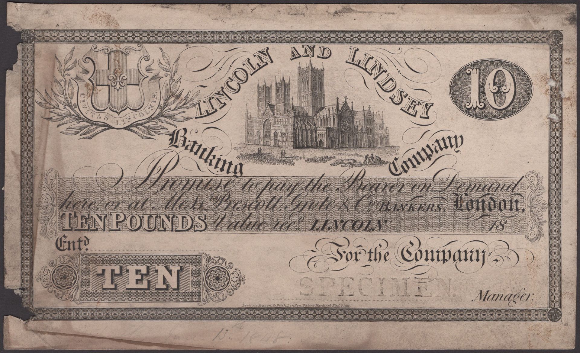 Lincoln and Lindsey Banking Company, Lincoln, specimen Â£10, 18-, no serial number, printed o...