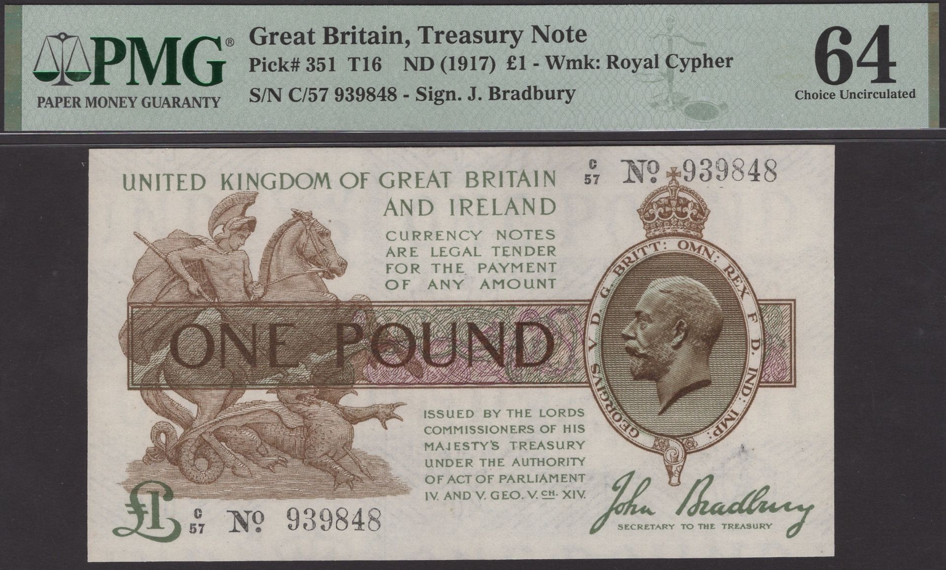 Treasury Series, John Bradbury, Â£1, 22 January 1917, serial number G/57 939848, in PMG holde...