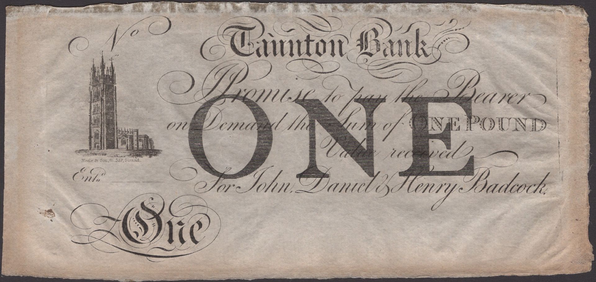 Taunton Bank, for John, Daniel & Henry Badcock, unissued Â£1, 18-, no serial number, mounting...