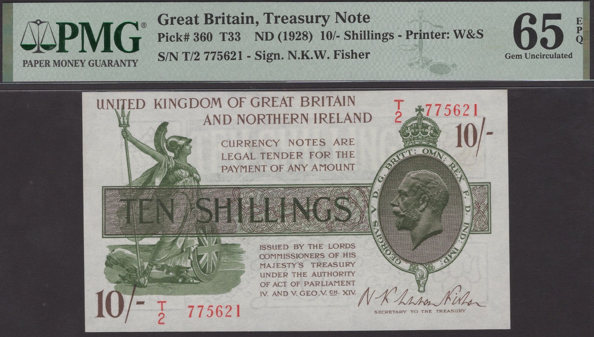 Treasury Series, Warren Fisher, 10 Shillings, 25 July 1927, serial number T/2 775621, in PMG...