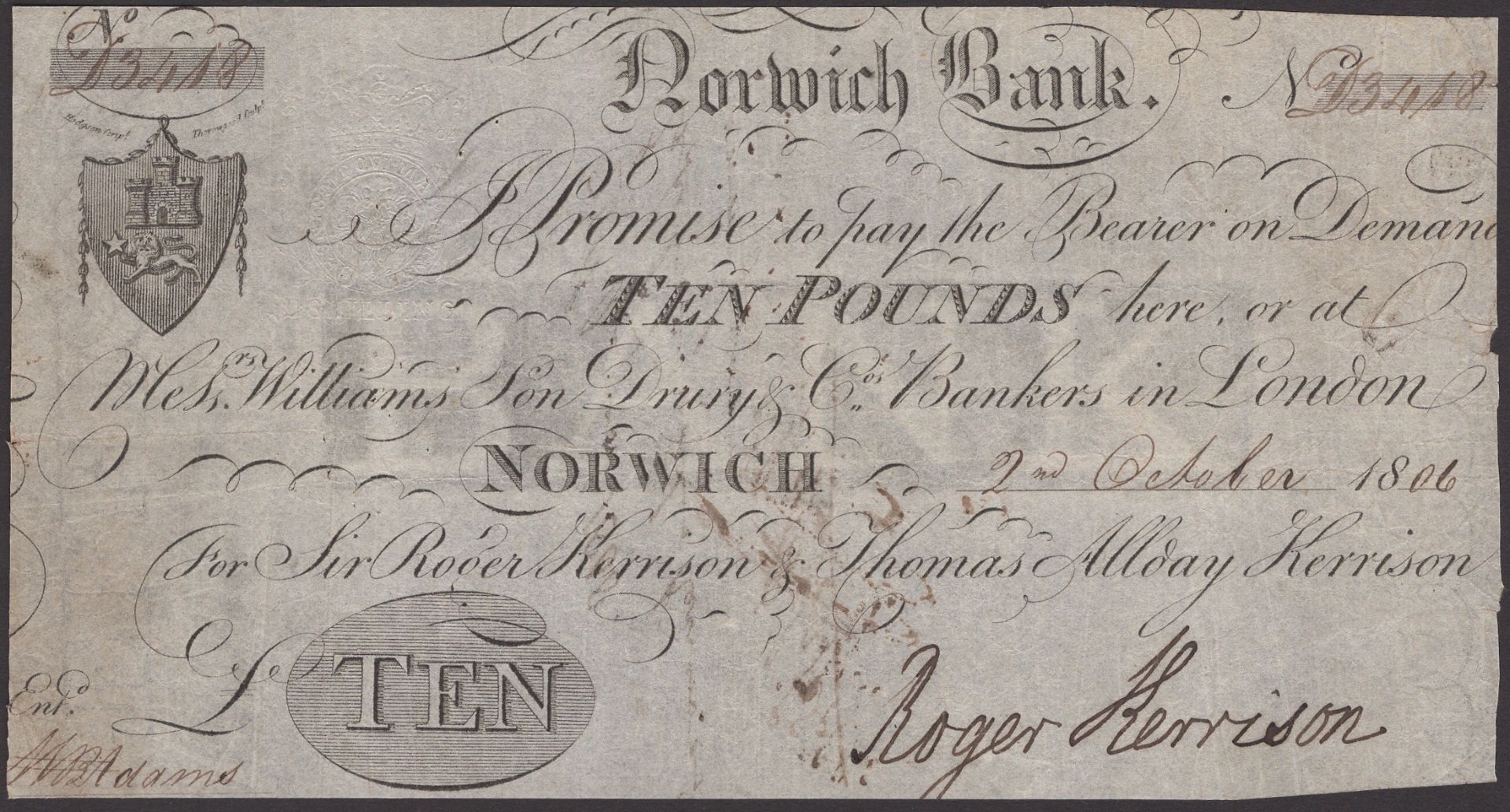 Norwich Bank, for Sir Roger Harrison & Thomas Allday Kerrison, Â£10, 2 October 1806, serial n...