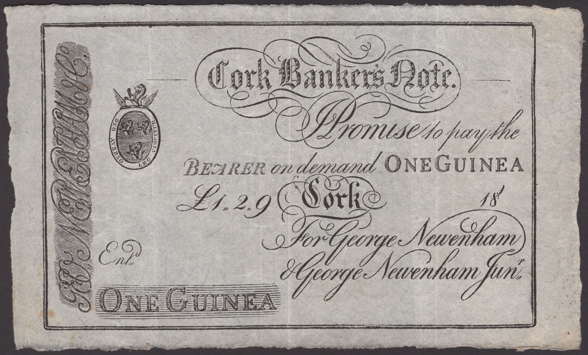 Cork Bank, for George Newenham Jnr, unissued 1 Guinea, 18-, no serial number, in PMG holder...