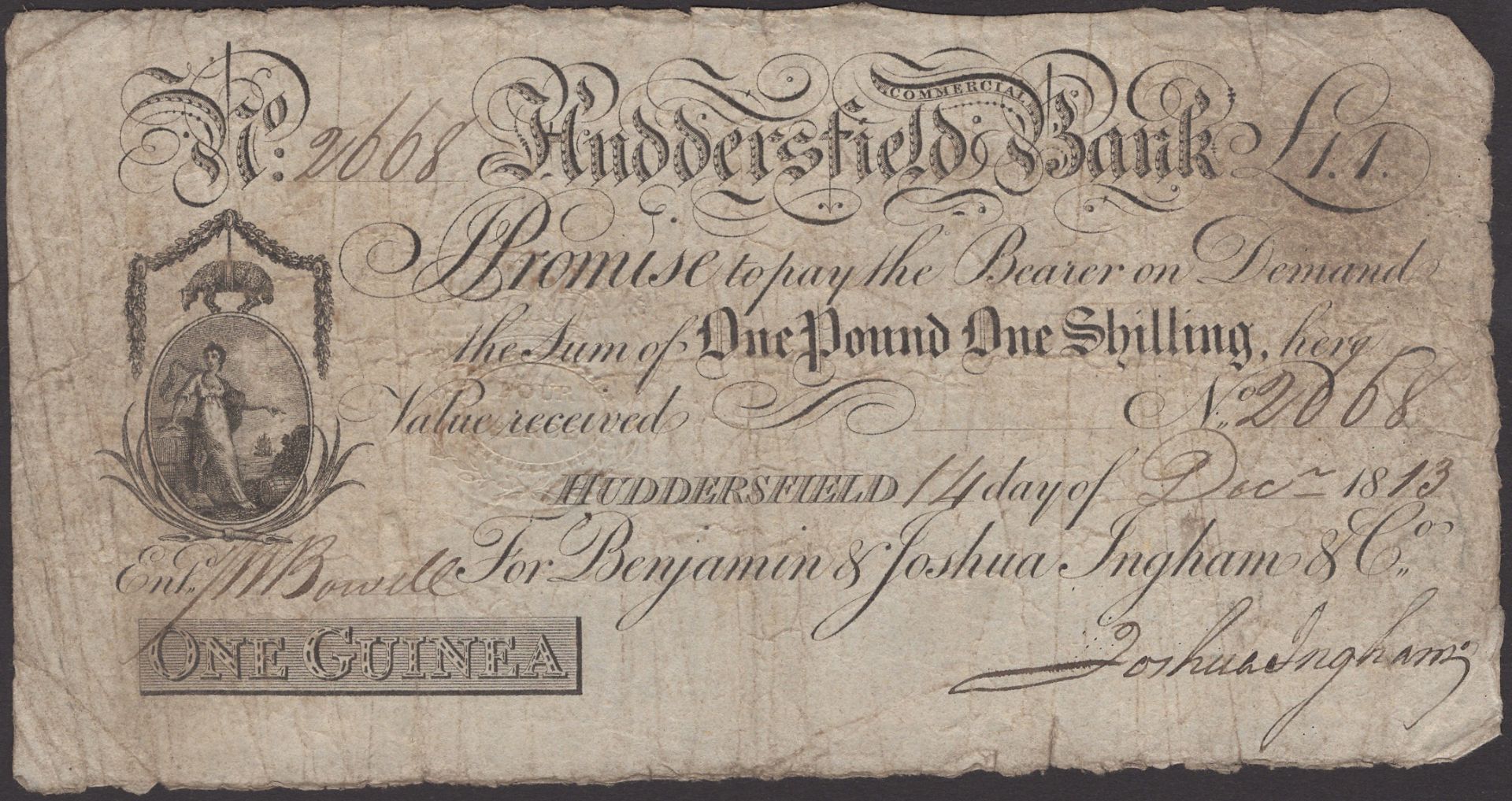 Huddersfield Commercial Bank, for Benjamin & Joshua Ingham & Co, 1 Guinea, 14 December 1813,...
