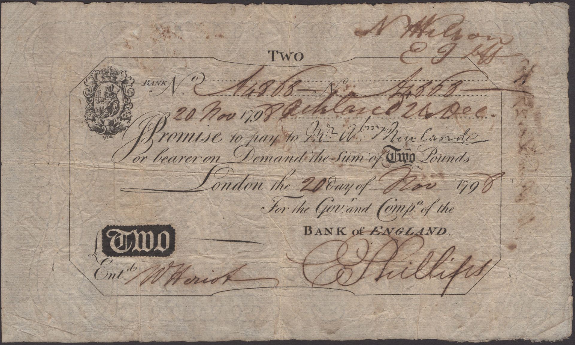 Bank of England, Abraham Newland, Â£2, 20 November 1798, serial number A4868, Newland signatu...