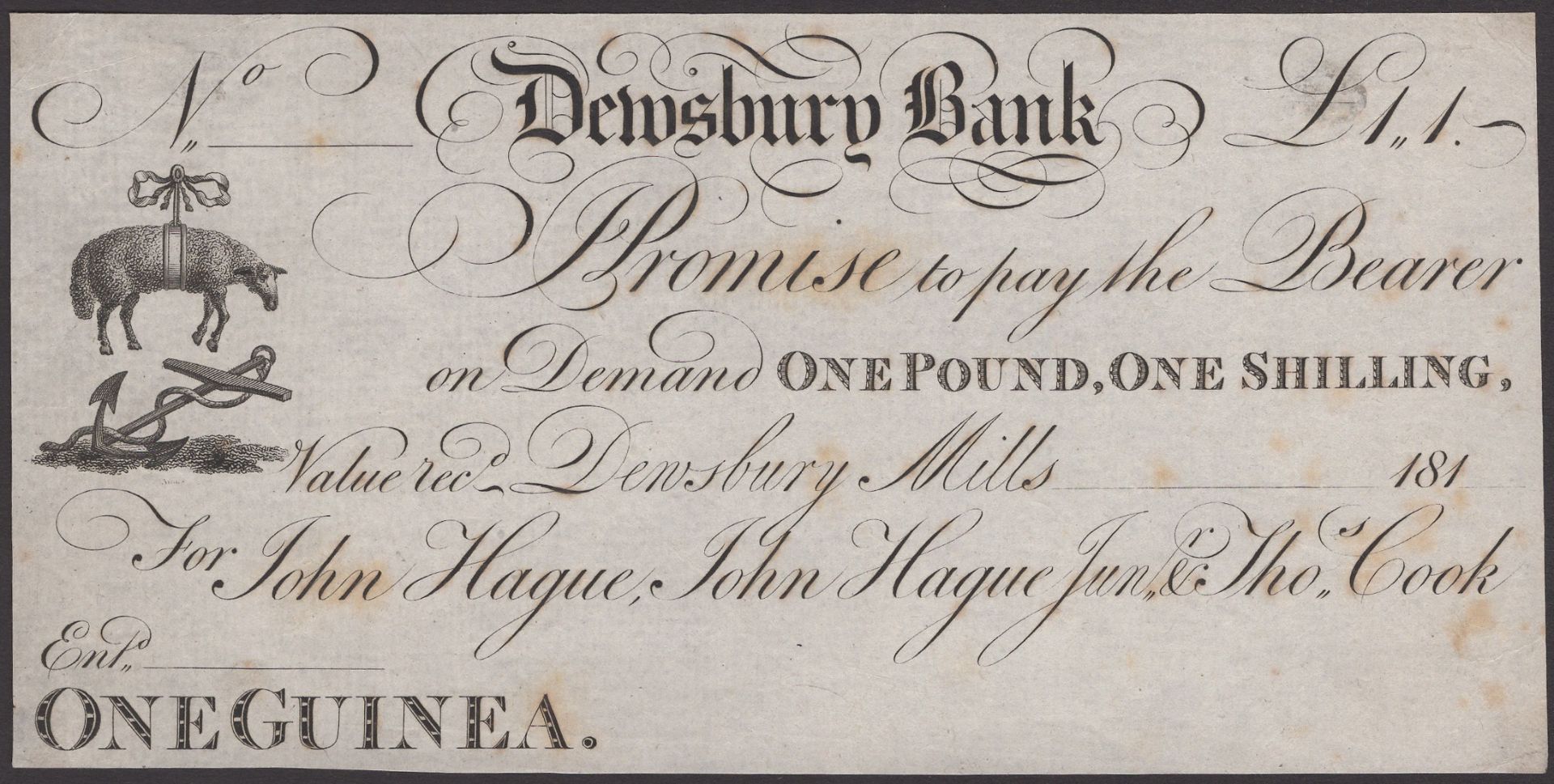Dewsbury Bank, for John Hague, John Hague Junr & Thomas Cook, proof 1 Guinea, 181-, no seria...
