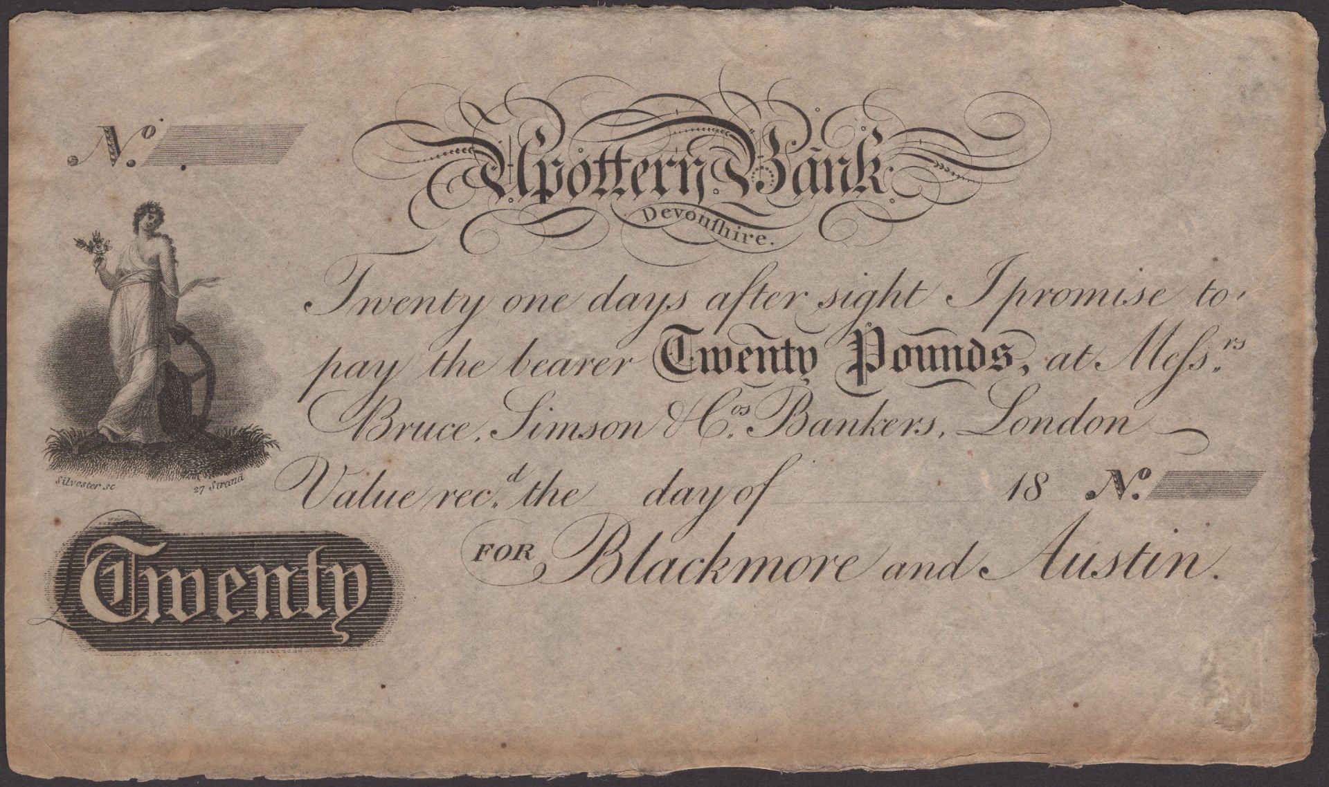 Upottery Bank, for Blackmore & Austin, unissued sight bill for Â£20, 18-, no serial number, t...