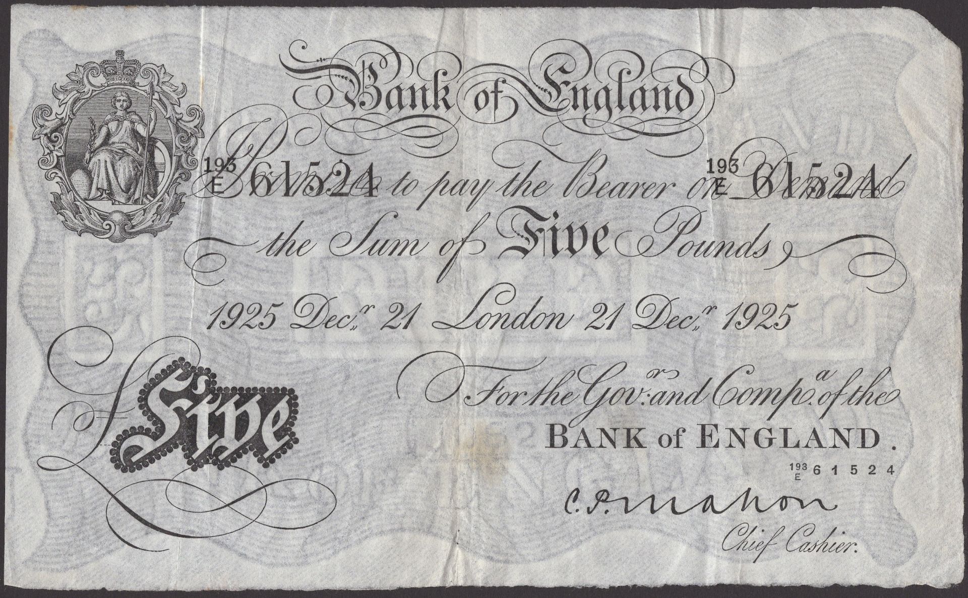 Bank of England, Cyril P. Mahon, Â£5, London, 21 December 1925, serial number 193/E 61524, li...