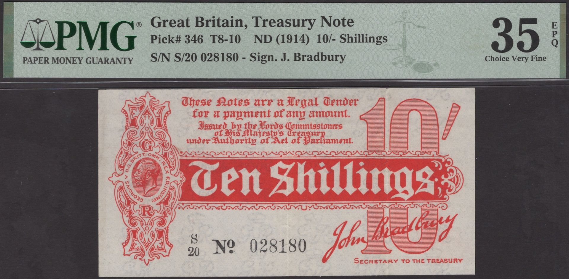 Treasury Series, John Bradbury, 10 Shillings, 14 August 1914, serial number S/20 028180, in...