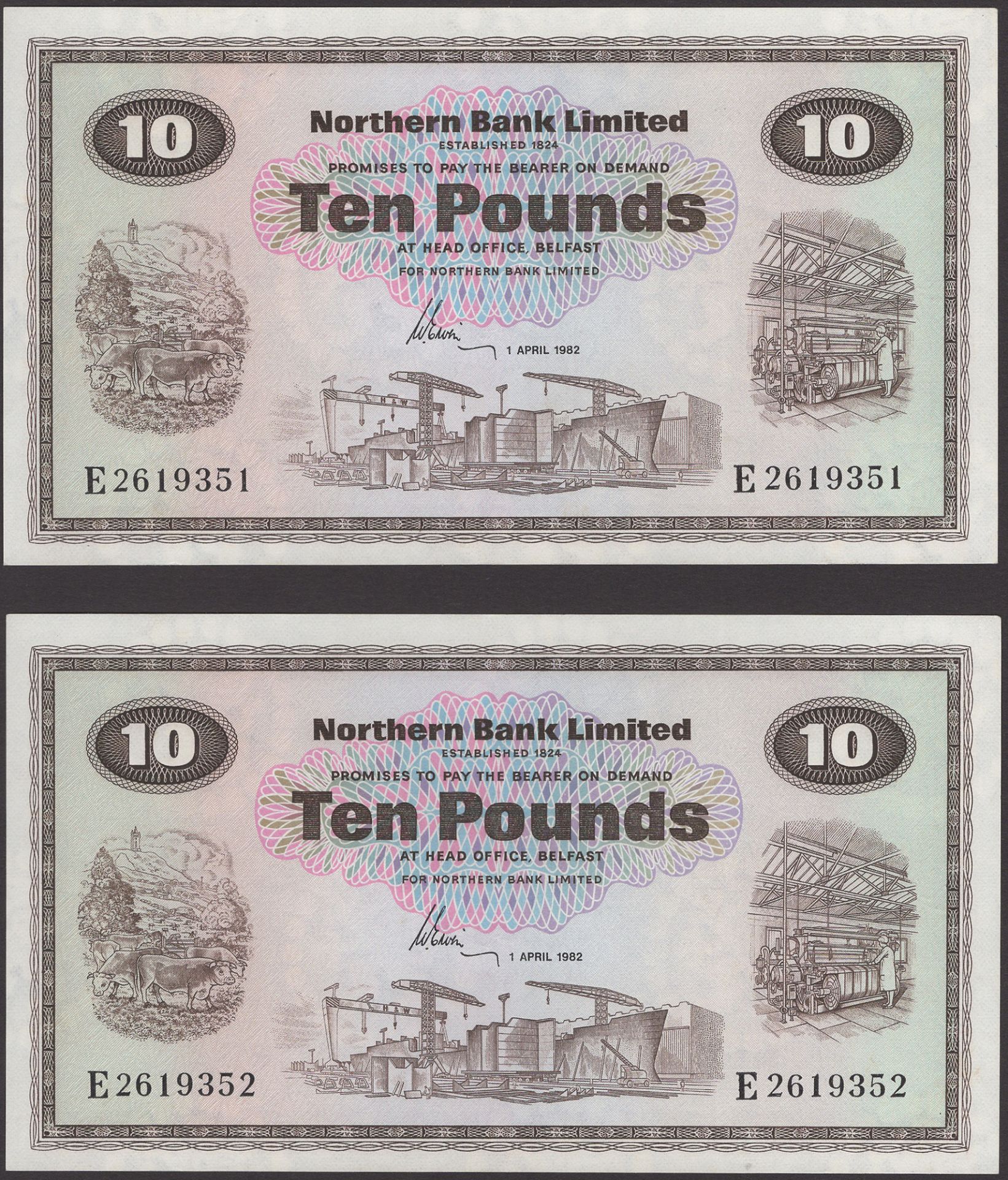 Northern Bank Limited, Â£10 (2), 1 April 1982, consecutive serial numbers E2619351-52, Erwin...
