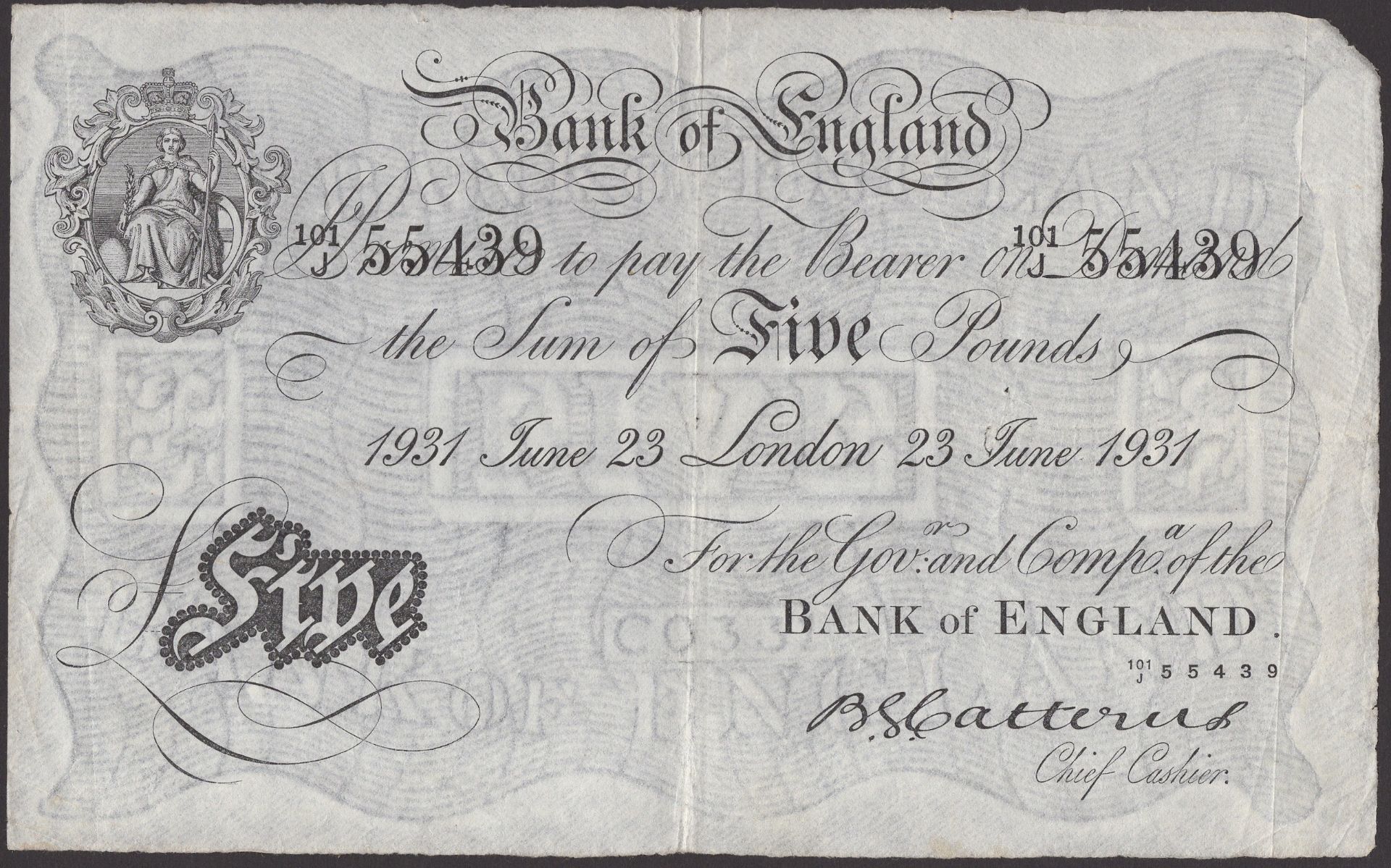 Bank of England, Basil G. Catterns, Â£5, London, 23 June 1931, serial number 101/J 55439, sma...