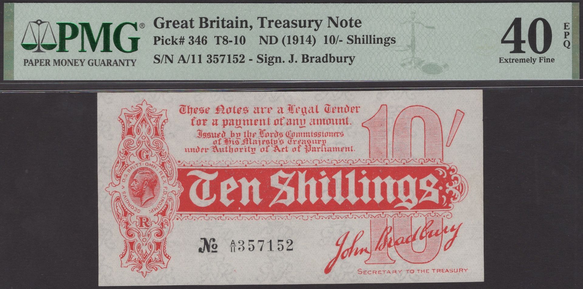 Treasury Series, John Bradbury, 10 Shillings, 14 August 1914, serial number A/11 357152, in...