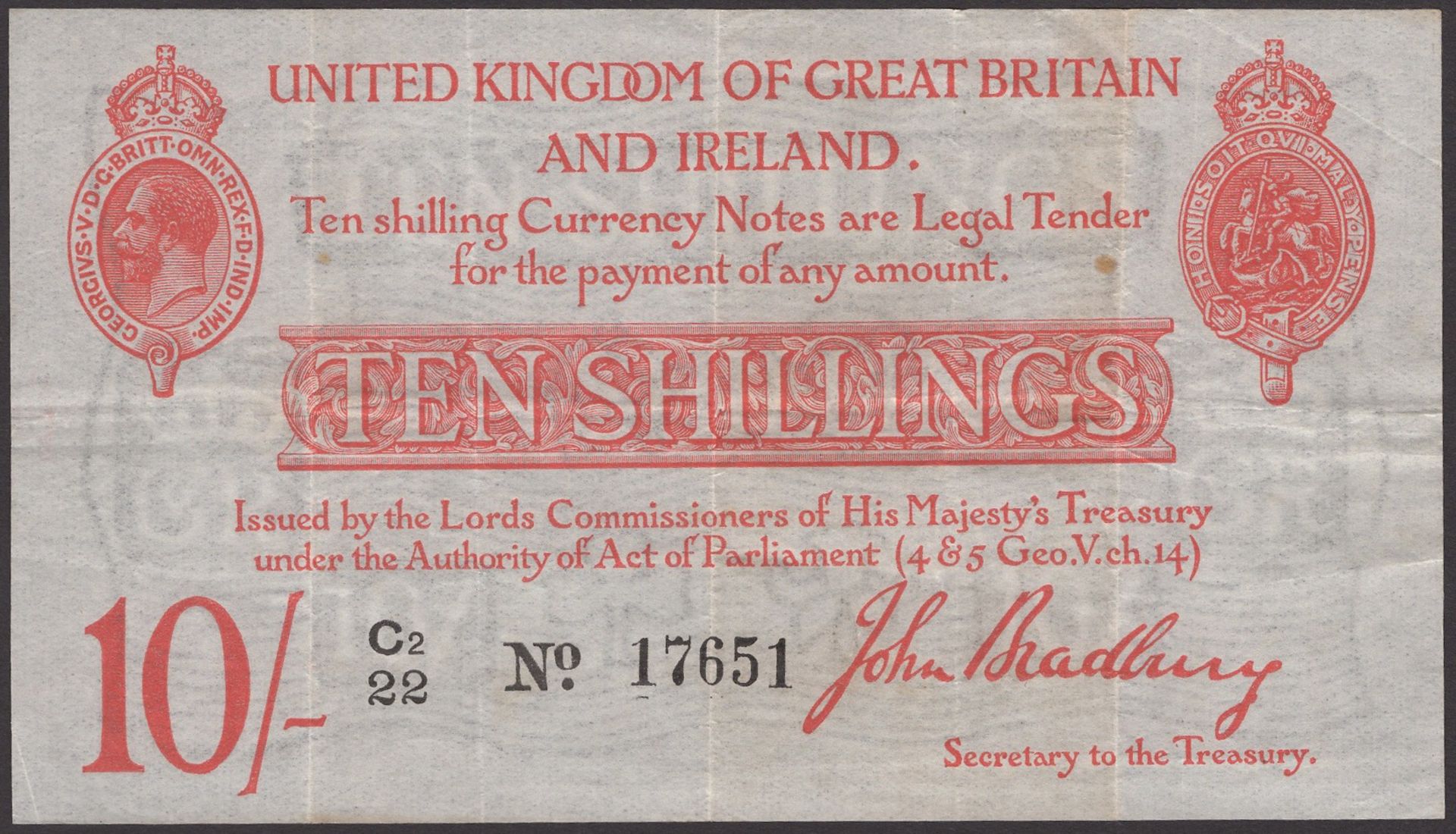 Treasury Series, John Bradbury, 10 Shillings, 21 January 1915, serial number C2/22 17651, on...