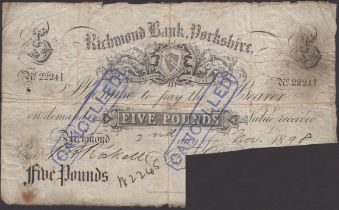 Richmond Bank, Yorkshire, for Priestman & Roper, Â£5, 2 November 1898, serial number 22241, c...