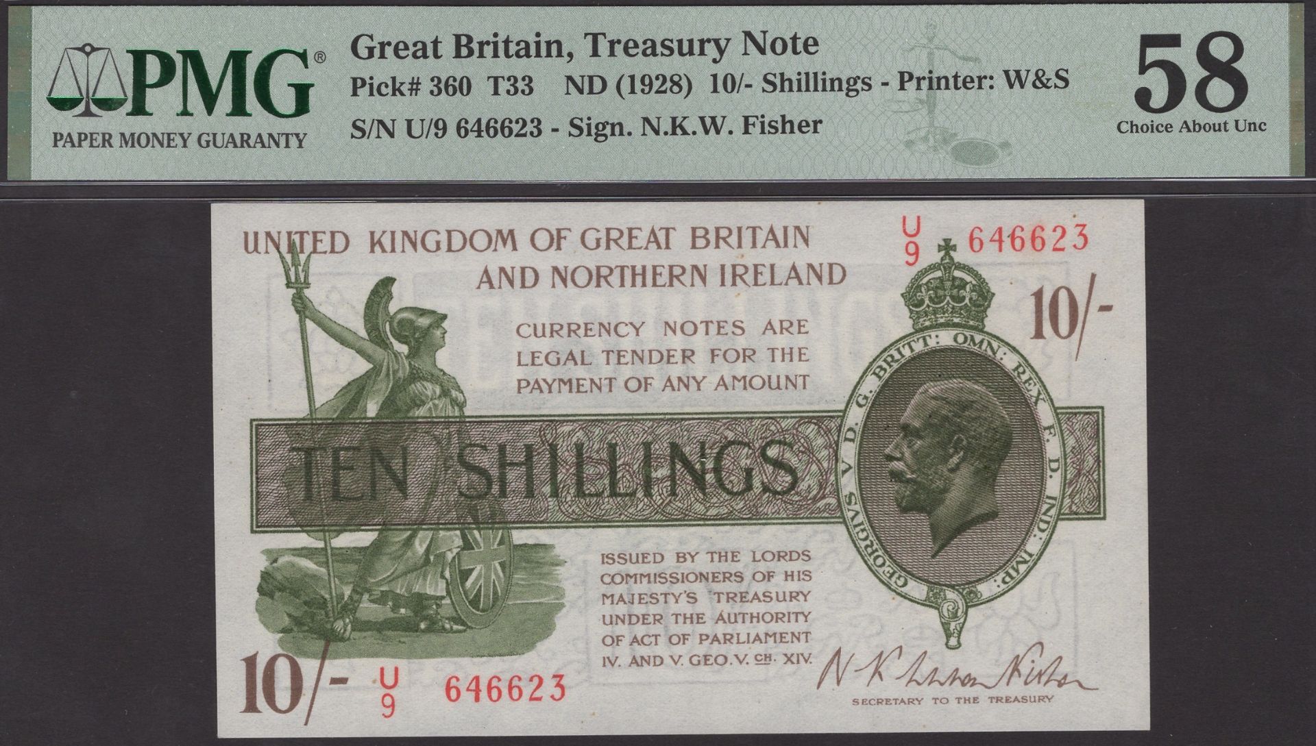 Treasury Series, Warren Fisher, 10 Shillings, 25 July 1927, serial number U/9 646623, in PMG...