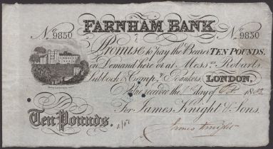 Farnham Bank, for James Knight & Sons, Â£10, 1 October 1883, serial number 9850, Knight signa...