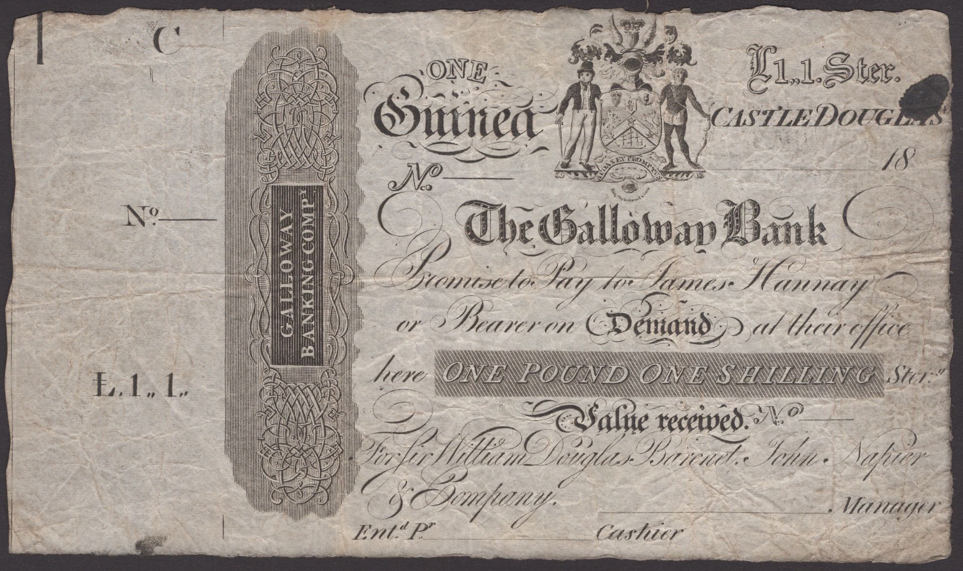 Galloway Banking Company, unissued 1 Guinea, 18- (1806-21), no signature or serial numbers,...